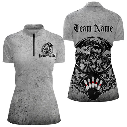 Custom Vintage Viking Dragon Bowling Quarter-Zip Team Shirt For Women, Celtic Bowling Shirt IPHW8586