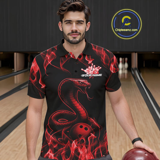 Custom Black And Red Flame Cobra Snake Bowling Men Shirts, Bowling League Shirt IPHW10765
