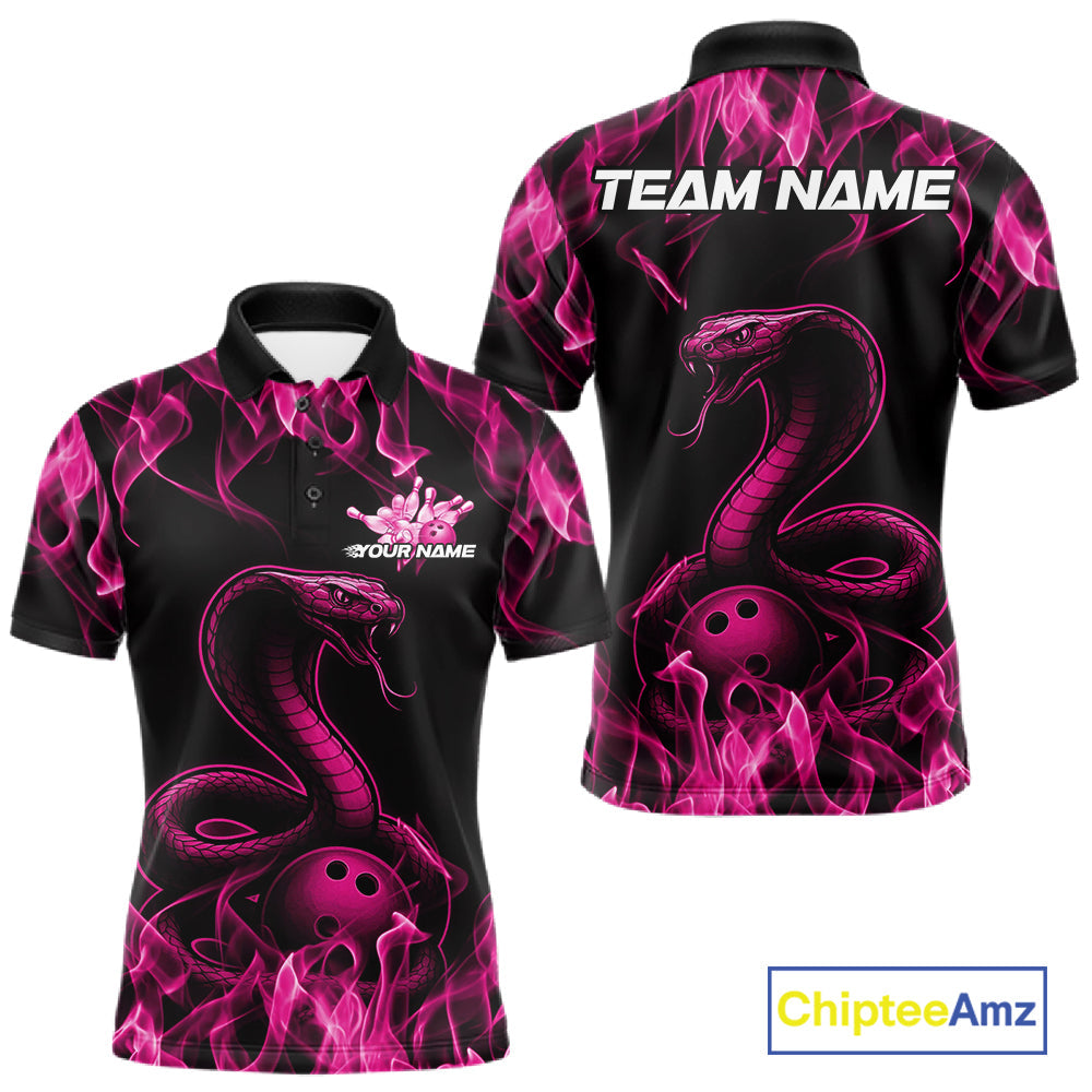 Custom Black And Pink Flame Cobra Snake Bowling Men Shirts, Bowling League Shirt IPHW10766