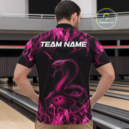 Custom Black And Pink Flame Cobra Snake Bowling Men Shirts, Bowling League Shirt IPHW10766