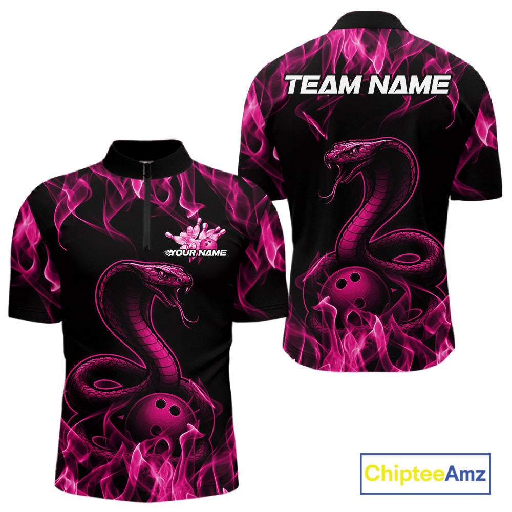 Custom Black And Pink Flame Cobra Snake Bowling Men Shirts, Bowling League Shirt IPHW10766