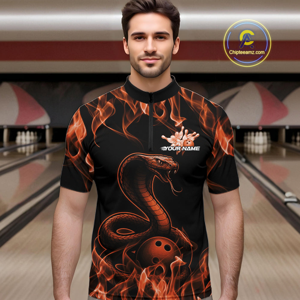 Custom Black And Orange Flame Cobra Snake Bowling Men Shirts, Bowling League Shirt IPHW10767