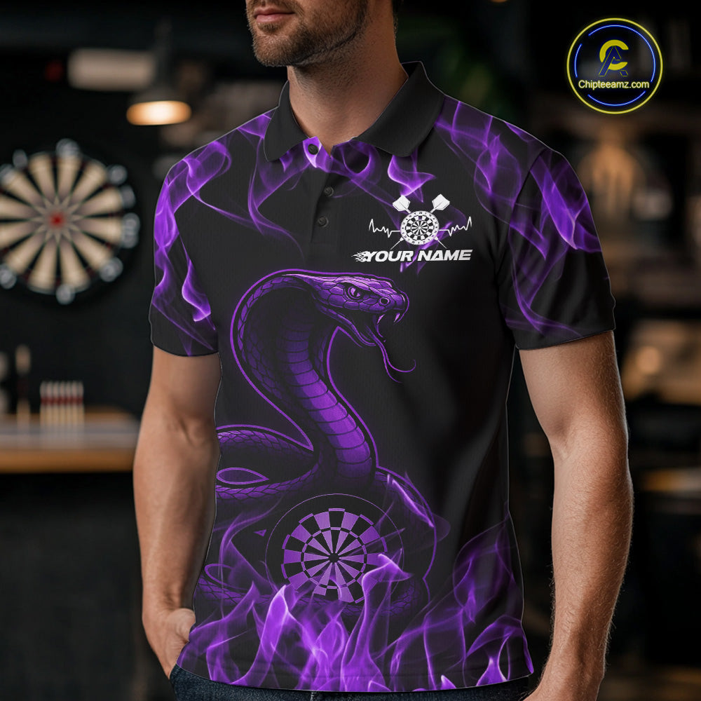 Custom Black And Purple Flame Cobra Snake Dart Men Shirts, Dart League Shirt IPHW10769