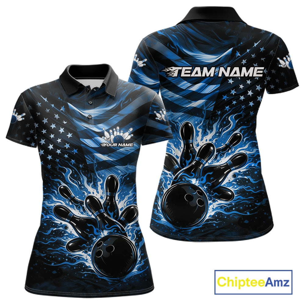 Front and back views of a black womens bowling polo shirt featuring a blue flame bowling ball striking pins with distressed American flag artwork.