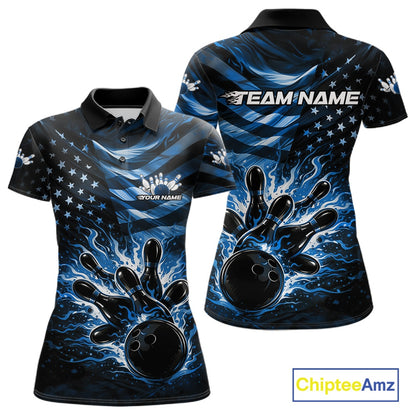 Front and back views of a black womens bowling polo shirt featuring a blue flame bowling ball striking pins with distressed American flag artwork.