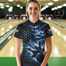Load image into Gallery viewer, Custom Black And Blue Patriotic Fire Flame Women Bowling Shirt, US Flag Bowling Jerseys IPHW10998