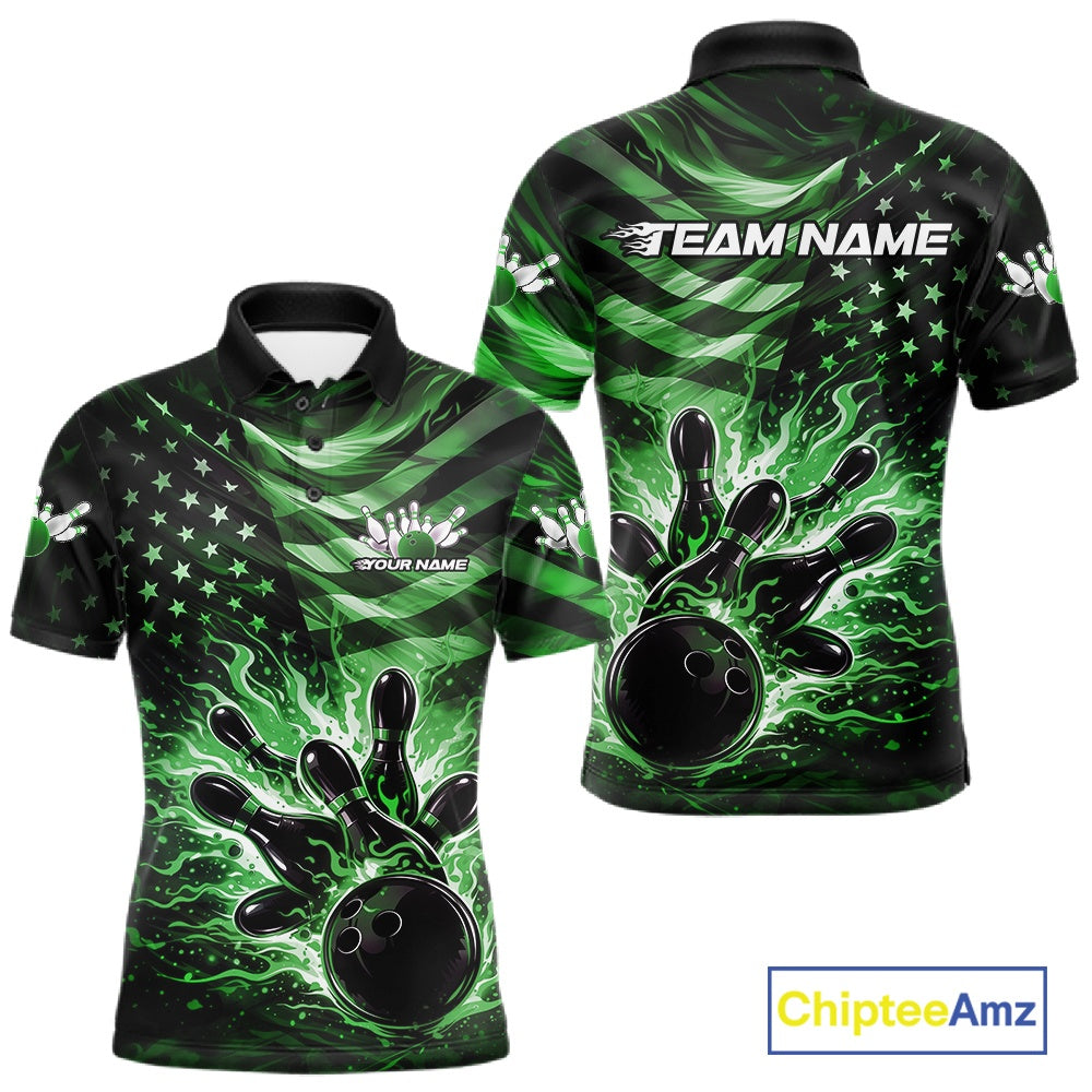 Front and back views of a black mens bowling polo shirt showcasing a green flame bowling ball striking pins with American flag-inspired graphics.