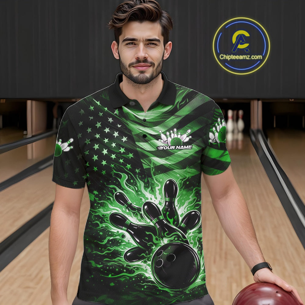 Male model wearing a black bowling polo shirt at the bowling lane with green flame bowling artwork and patriotic accents.