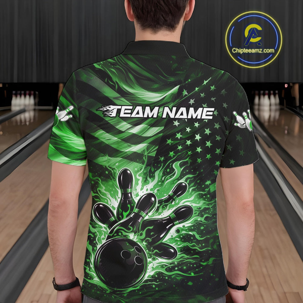 Back view of a male model in a black bowling polo shirt featuring green flame bowling strike graphics and distressed flag motifs.