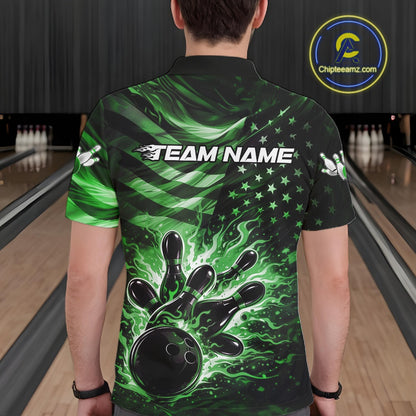 Back view of a male model in a black bowling polo shirt featuring green flame bowling strike graphics and distressed flag motifs.