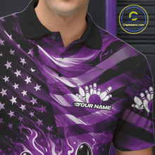 Load image into Gallery viewer, Custom Black And Purple Patriotic Fire Flame Men Bowling Shirt, US Flag Bowling Jerseys IPHW11000