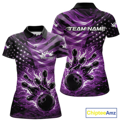 Front and back views of a black womens bowling polo shirt featuring a purple flame bowling ball striking pins with distressed American flag accents.