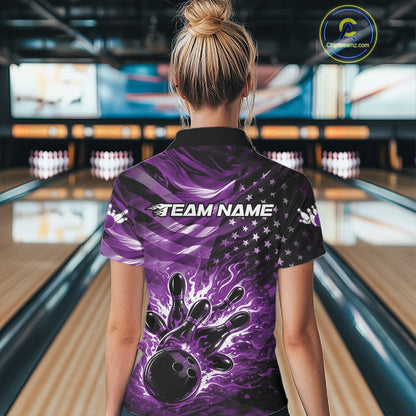 Back view of a female model in a black bowling polo shirt featuring a purple flame bowling ball striking pins with distressed American flag artwork.