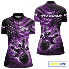 Load image into Gallery viewer, Custom Black And Purple Patriotic Fire Flame Women Bowling Shirt, US Flag Bowling Jersey IPHW11000