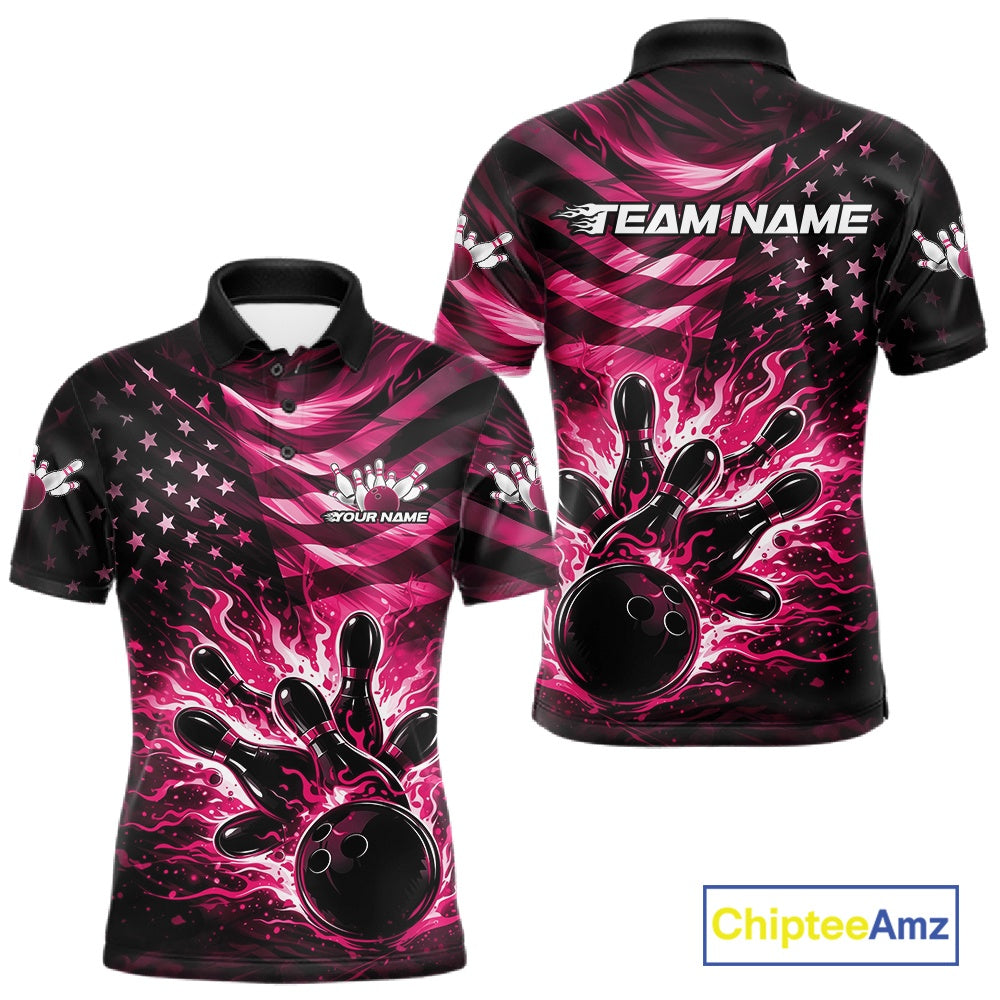 Front and back views of a black mens bowling polo shirt featuring a pink flame bowling ball striking pins with a distressed American flag theme.
