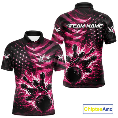 Front and back views of a black mens bowling polo shirt featuring a pink flame bowling ball striking pins with a distressed American flag theme.