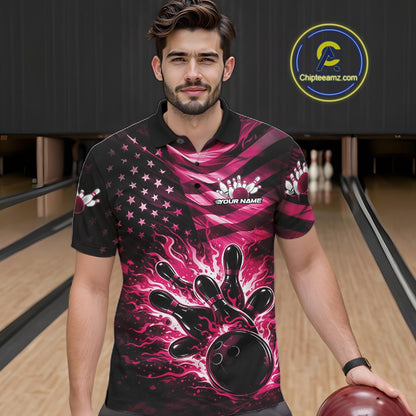 Male model wearing a black bowling polo shirt at the bowling lane with pink flame bowling graphics and patriotic-inspired artwork.