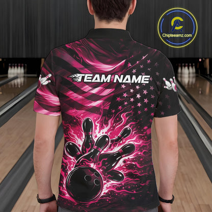 Back view of a male model in a black bowling polo shirt showcasing pink flame bowling strike graphics and distressed flag details.