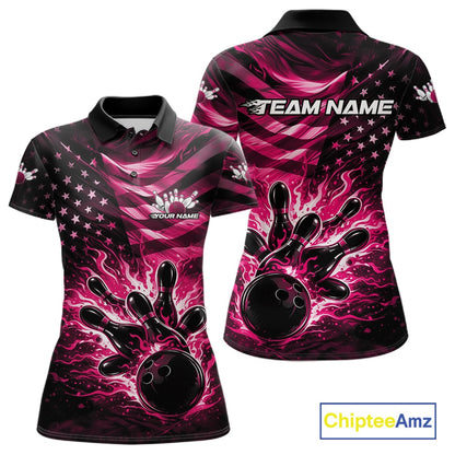 Front and back views of a black womens bowling polo shirt featuring a pink flame bowling ball striking pins with a distressed American flag theme.