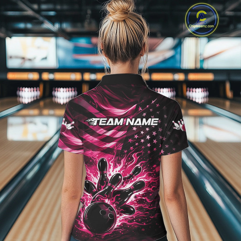 Back view of a female model in a black bowling polo shirt showcasing pink flame bowling strike artwork and distressed flag details.