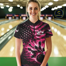 Load image into Gallery viewer, Custom Black And Pink Patriotic Fire Flame Women Bowling Shirt, US Flag Bowling Jerseys IPHW11001