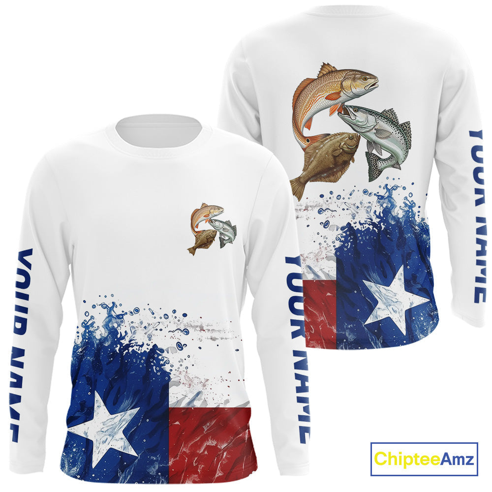 Custom Texas Flag Texas Slam Redfish, Trout, Flounder Long Sleeve UV Protection Fishing Shirts IPHW9353