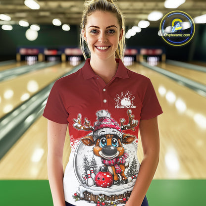 Custom Cute Funny Reindeer Christmas Bowling Women Polo Shirts, Xmas Team Bowling Shirt IPHW10114