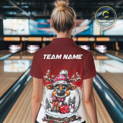 Custom Cute Funny Reindeer Christmas Bowling Women Polo Shirts, Xmas Team Bowling Shirt IPHW10114