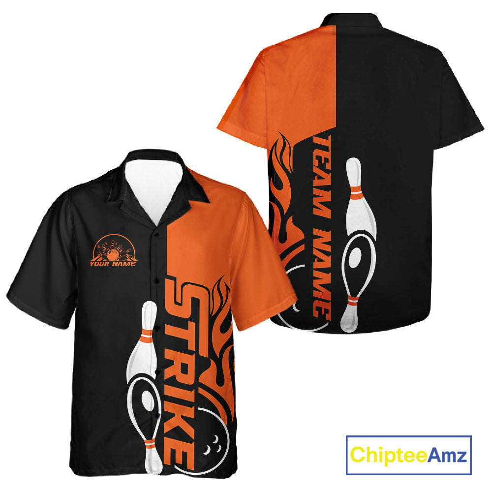 Custom Black And Orange Flame Strike Bowling Men And Women Hawaiian Shirt, Bowling Tournament Shirt IPHW10250