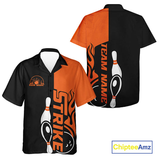 Custom Black And Orange Flame Strike Bowling Men And Women Hawaiian Shirt, Bowling Tournament Shirt IPHW10250