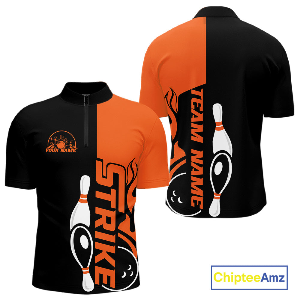 Custom Black And Orange Flame Strike Bowling Men Quarter-Zip Shirt, Bowling Tournament Shirt IPHW10250