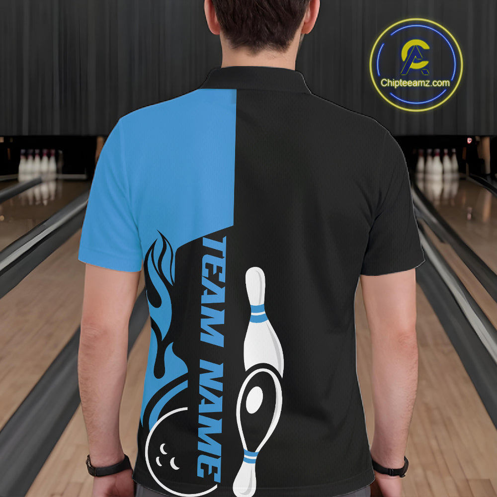 Custom Black And Blue Flame Strike Bowling Men Polo Shirt, Bowling Tournament Shirt IPHW10251