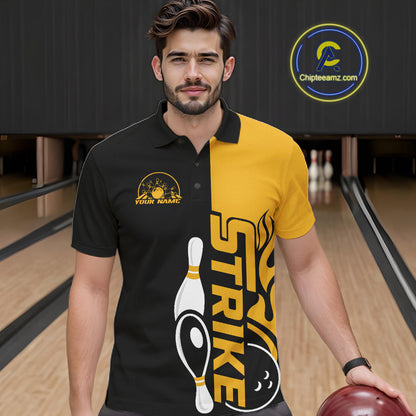 Custom Black And Gold Flame Strike Bowling Men Polo Shirt, Bowling Tournament Shirt IPHW10253