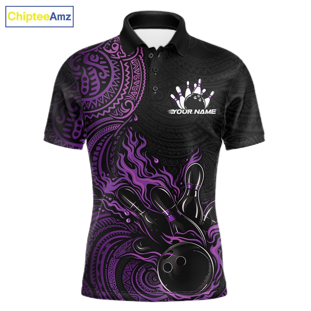 Custom Black And Purple Tribal Flame Bowling Ball Bowling Team Shirts, Polynesian Bowling Tournament Shirt IPHW10500