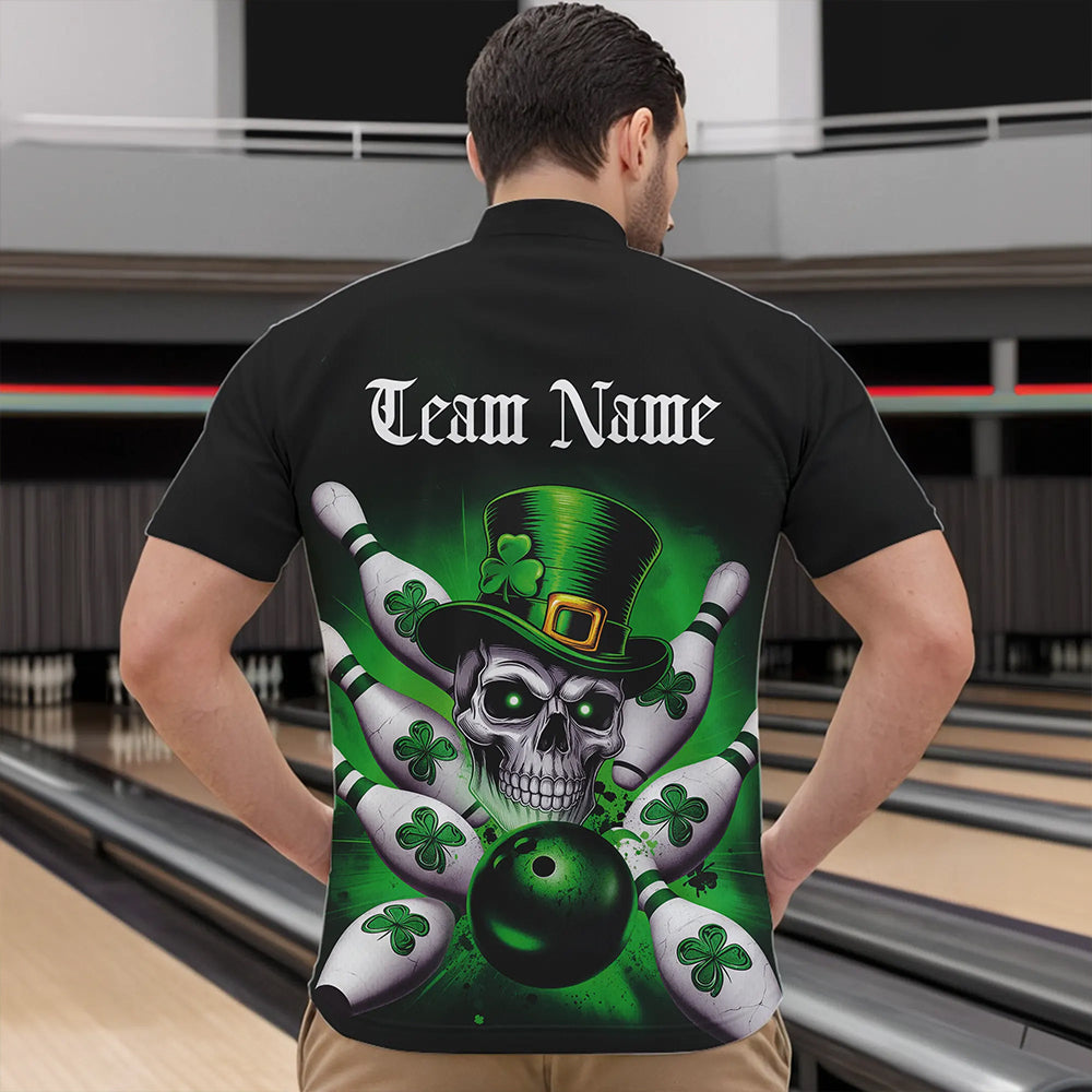 Custom Black And Green Lucky Clover St Patricks Day Skull Bowling Team Quarter-Zip Shirts For Men IPHW8593