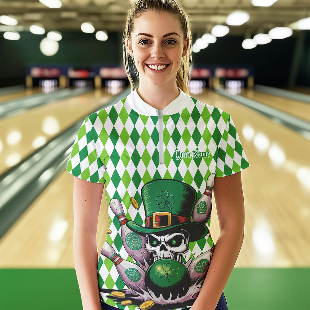 Custom White And Green St Patricks Argyle Skull Bowling Womens Quarter-Zip Shirts Jerseys IPHW8596