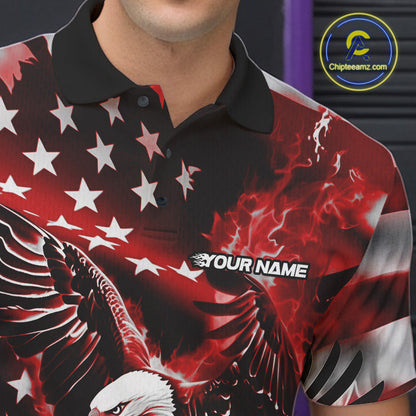 Custom Red Flaming American Flag Eagle Bowling Team Men Shirt, Patriotic Bowlers Outfit IPHW10779