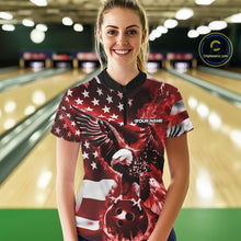 Load image into Gallery viewer, Custom Red Flaming American Flag Eagle Bowling Women Shirt, Patriotic Bowlers Outfit IPHW10779
