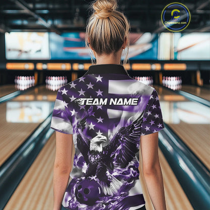 Custom Purple Flaming American Flag Eagle Bowling Women Shirt, Patriotic Bowlers Outfit IPHW10781