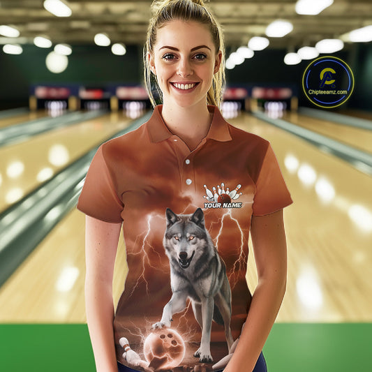 Custom Orange Ligtning Wolf Bowling Team League Shirts For Women, Bowler Outfits IPHW10786