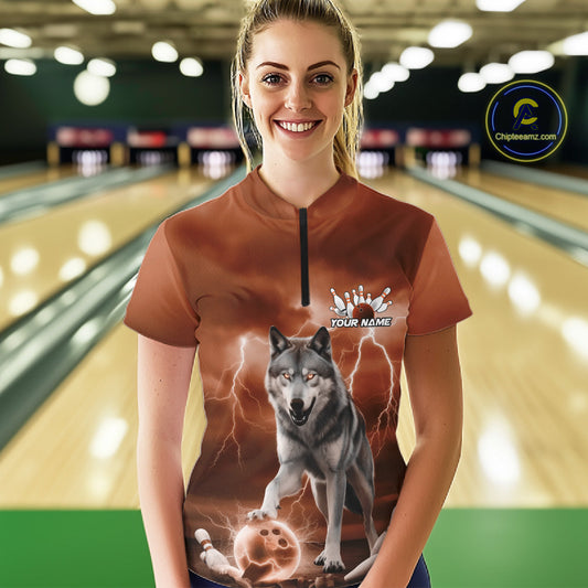 Custom Orange Ligtning Wolf Bowling Team League Shirts For Women, Bowler Outfits IPHW10786
