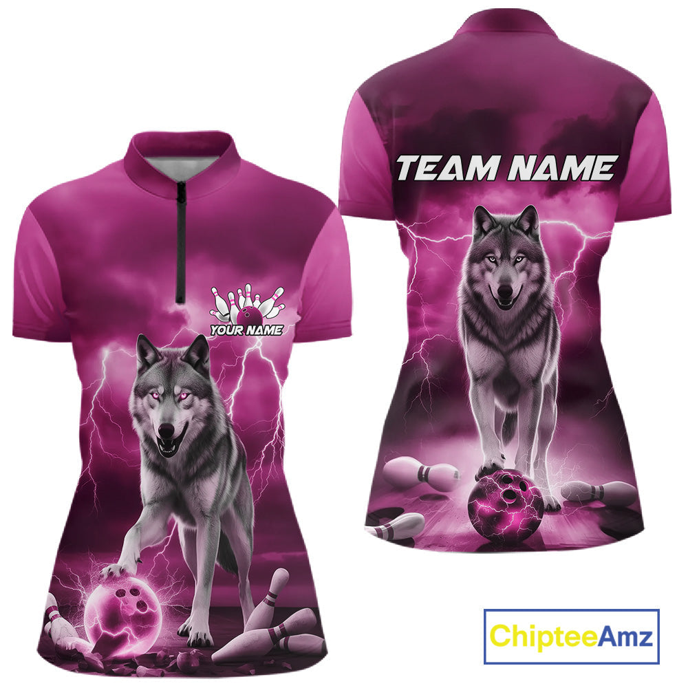 Custom Pink Ligtning Wolf Bowling Team League Shirts For Women, Bowler Outfits IPHW10788