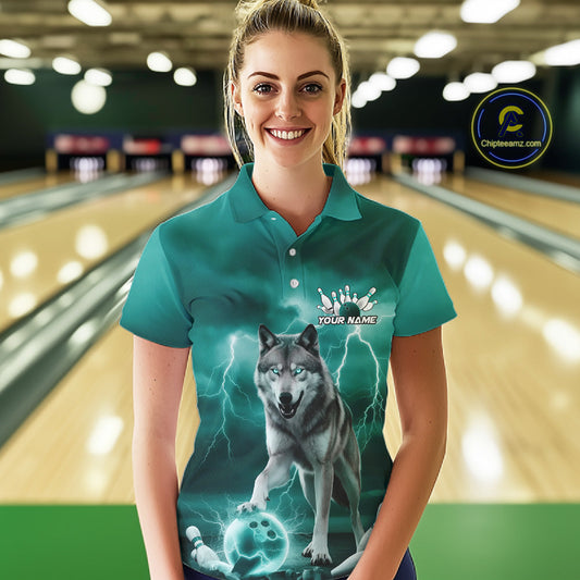 Custom Teal Blue Ligtning Wolf Bowling Team League Shirts For Women, Bowler Outfits IPHW10789