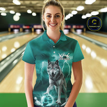 Load image into Gallery viewer, Custom Teal Blue Ligtning Wolf Bowling Team League Shirts For Women, Bowler Outfits IPHW10789