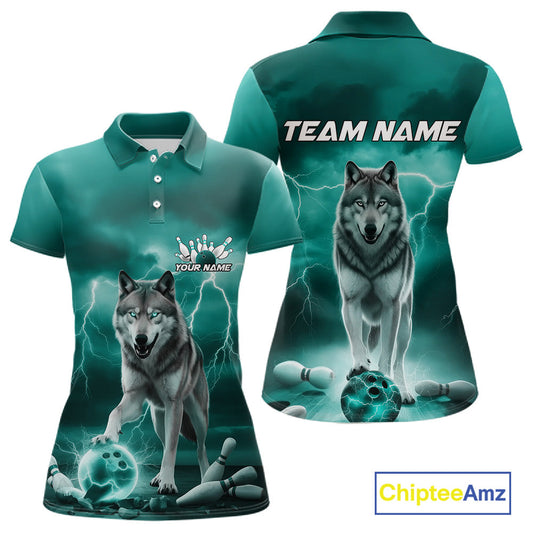 Custom Teal Blue Ligtning Wolf Bowling Team League Shirts For Women, Bowler Outfits IPHW10789