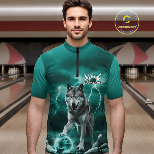 Custom Teal Blue Ligtning Wolf Bowling Team League Shirts For Men, Bowler Outfits IPHW10789