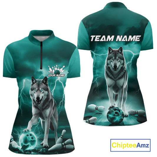 Custom Teal Blue Ligtning Wolf Bowling Team League Shirts For Women, Bowler Outfits IPHW10789
