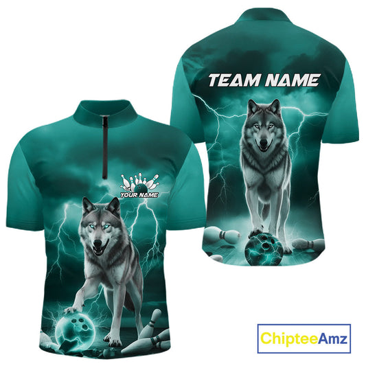 Custom Teal Blue Ligtning Wolf Bowling Team League Shirts For Men, Bowler Outfits IPHW10789