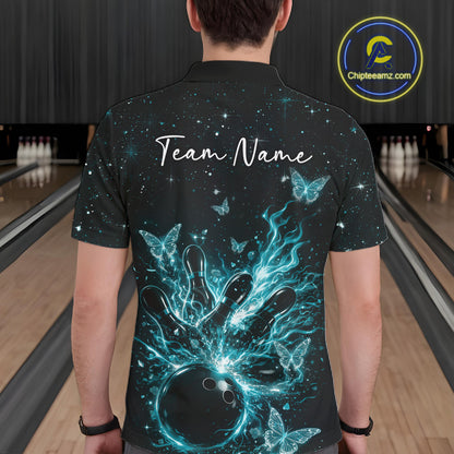 Back view of a male model in a black and turquoise blue bowling polo shirt featuring glowing butterfly bowling graphics.
