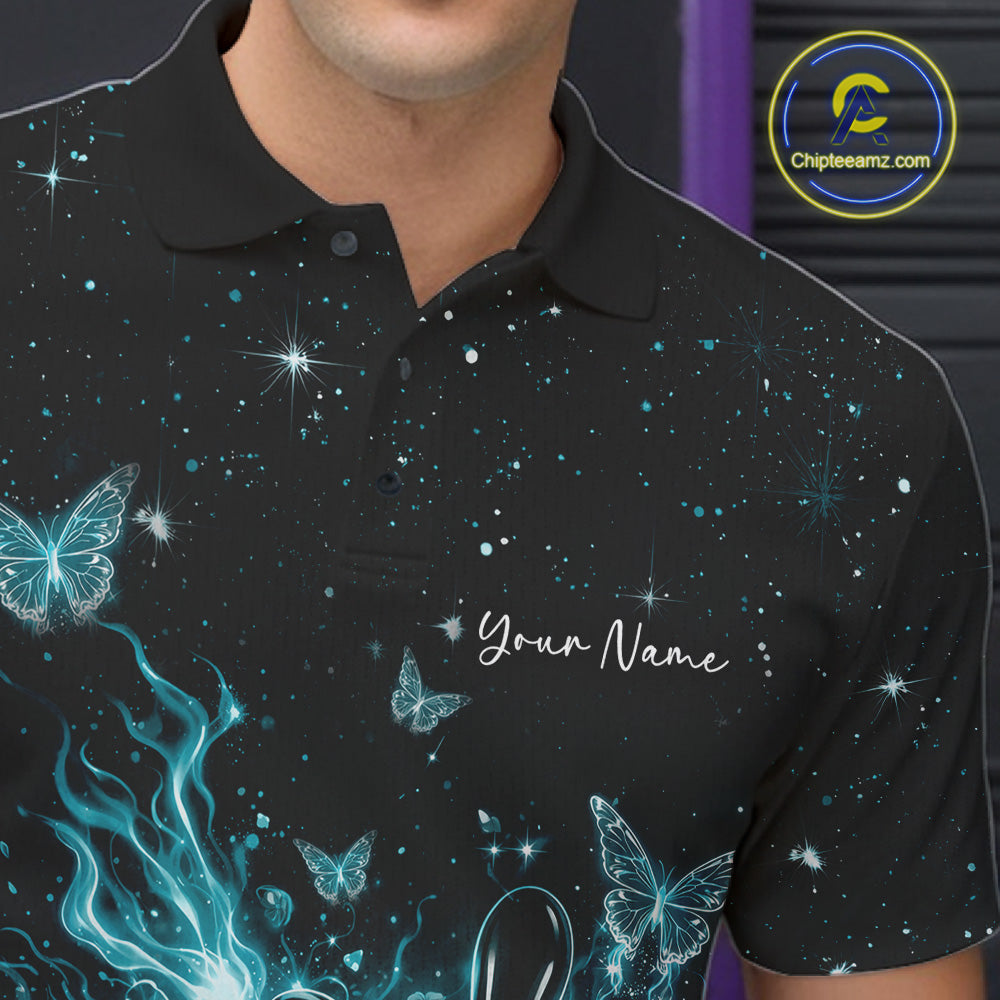 Detailed left chest view of a black and turquoise blue bowling polo shirt with cosmic flaming bowling artwork.